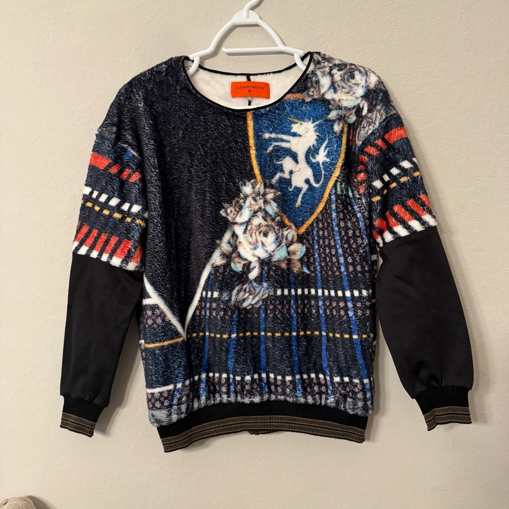 Clover Canyon XS Faux Fur Abstract Floral Sweater